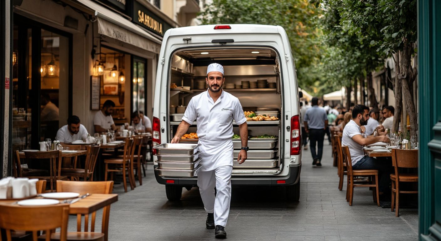 A Turkish delivery driver in a crisp white uniform carefully carries a stack of steaming metal food trays from a branded Sardunya van toward a bustling restaurant kitchen.