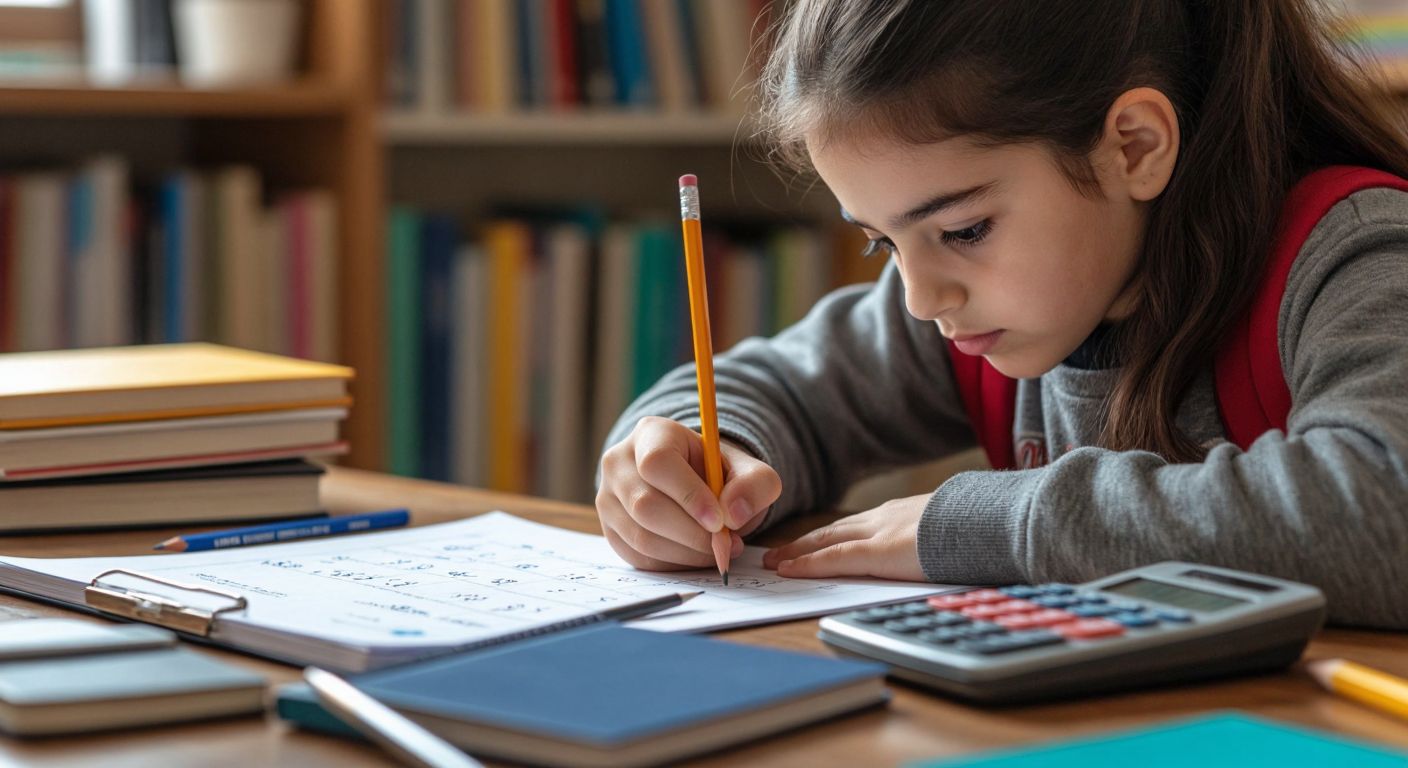 A focused Turkish middle-school student with a pencil in hand, solving math problems on a worksheet with examples of natural numbers, fractions, and decimals scattered across the desk, surrounded by a neat stack of textbooks and a simple calculator.