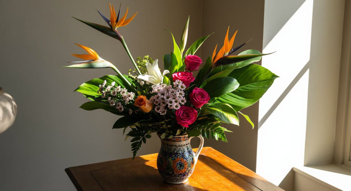 A vibrant bouquet of fresh peace lilies, wax flowers, and strelitzias arranged in a rustic Turkish ceramic vase, bathed in warm sunlight on a wooden table.