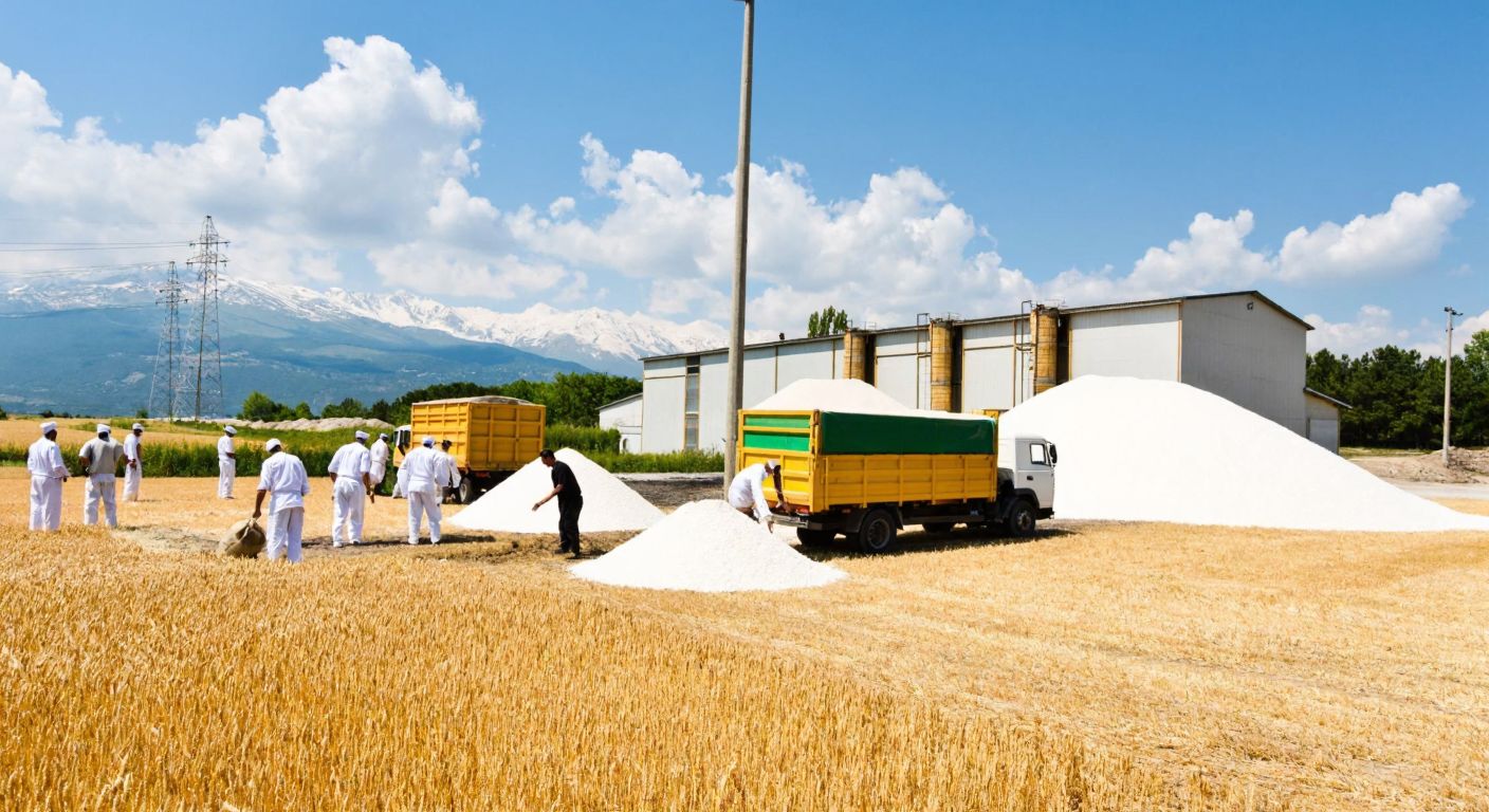 A bustling flour factory in Isparta with workers in white uniforms loading sacks of flour onto trucks, surrounded by golden wheat fields under a bright blue sky.