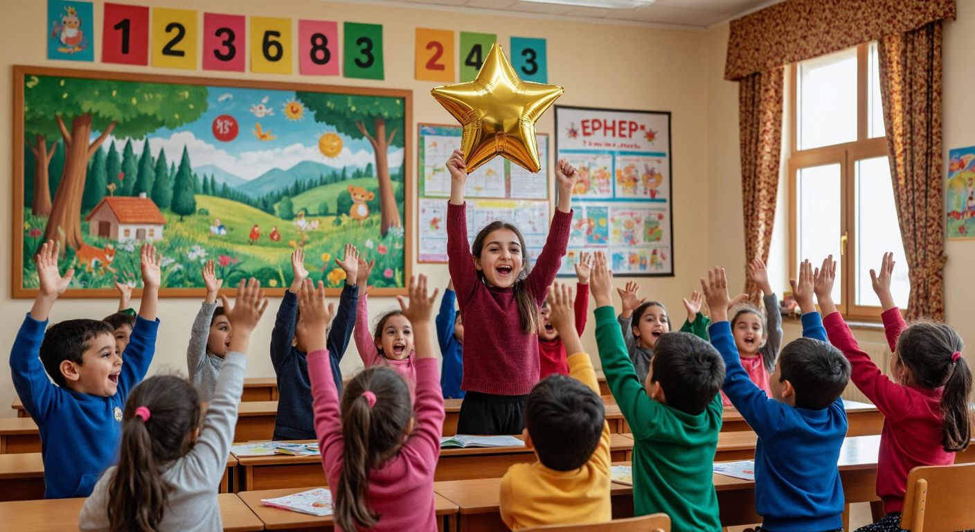 A lively Turkish classroom with excited second-grade students raising their hands eagerly, surrounded by colorful posters of numbers, letters, and nature scenes, while a teacher holds up a golden star as a prize.