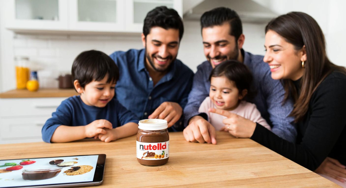 A smiling Turkish family in a cozy kitchen, gathered around a jar of Nutella on a wooden table, with a smartphone displaying a colorful recipe and a child excitedly pointing at it.