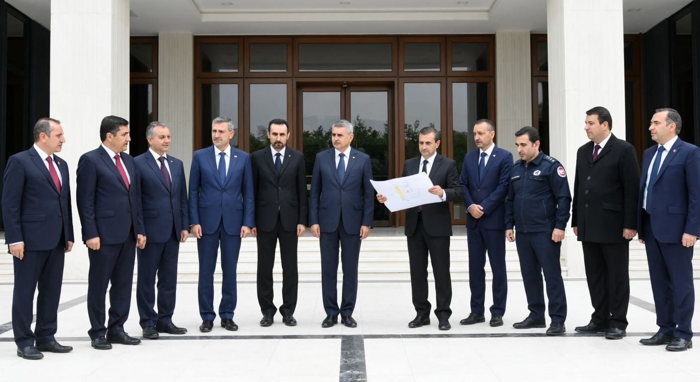 A group of officials in formal attire standing in front of a government building in Turkey, reviewing blueprints and coordinating with emergency responders, symbolizing YİKOB's role in investment oversight and crisis management.