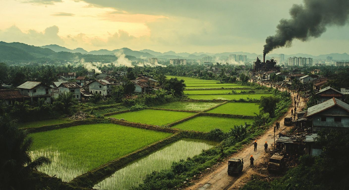 A war-torn Vietnamese countryside with bomb craters and overgrown rice fields, juxtaposed with a bustling but overcrowded city where weary workers toil in a smoky industrial zone.