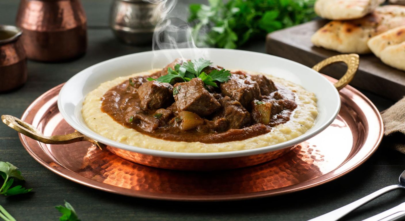 A steaming plate of Hünkâr Beğendi—tender lamb stew atop creamy eggplant purée—rests on a traditional Turkish copper tray, surrounded by fresh herbs and warm bread, evoking the rich flavors of Ottoman cuisine.