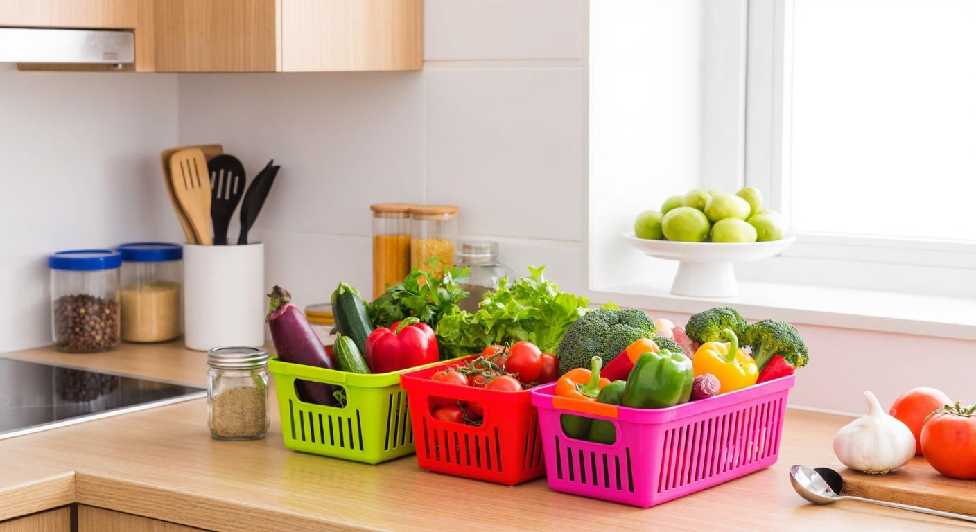 A bright, neatly organized Turkish kitchen with colorful plastic baskets holding fresh vegetables, spices, and kitchen utensils on a wooden countertop.