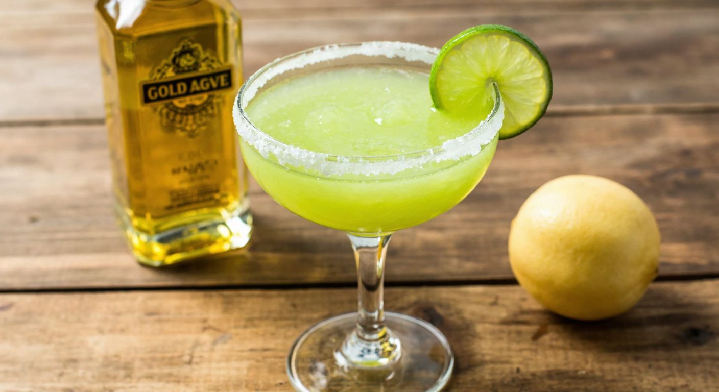 A vibrant margarita glass filled with a lime-green cocktail, garnished with a fresh lime wedge and salt rim, sitting on a rustic wooden table with a bottle of golden tequila labeled "100% Agave" beside it.