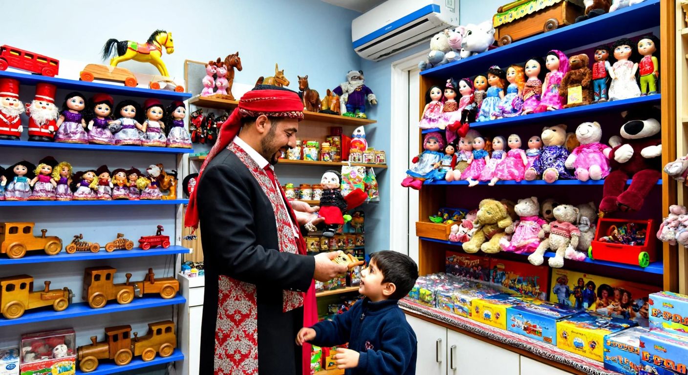 A vibrant toy shop in Siverek with colorful shelves filled with dolls, wooden cars, and stuffed animals, while a shopkeeper in traditional Turkish attire hands a smiling child a handmade toy.