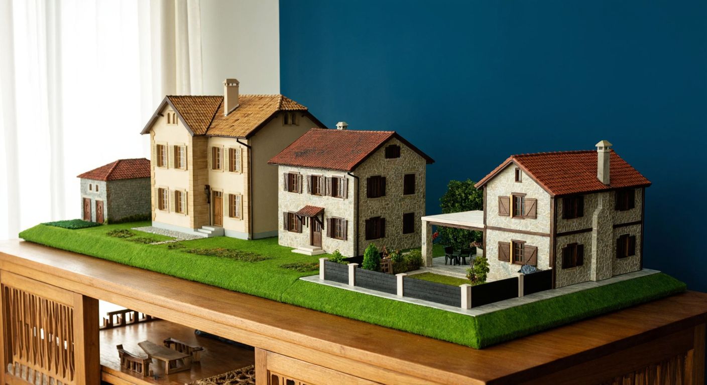 A wooden table displays a miniature village with diverse model houses—a rustic farmhouse with a thatched roof, a grand Ottoman-style mansion, a cozy stone cottage, and a sleek modern villa—arranged on a green felt landscape.