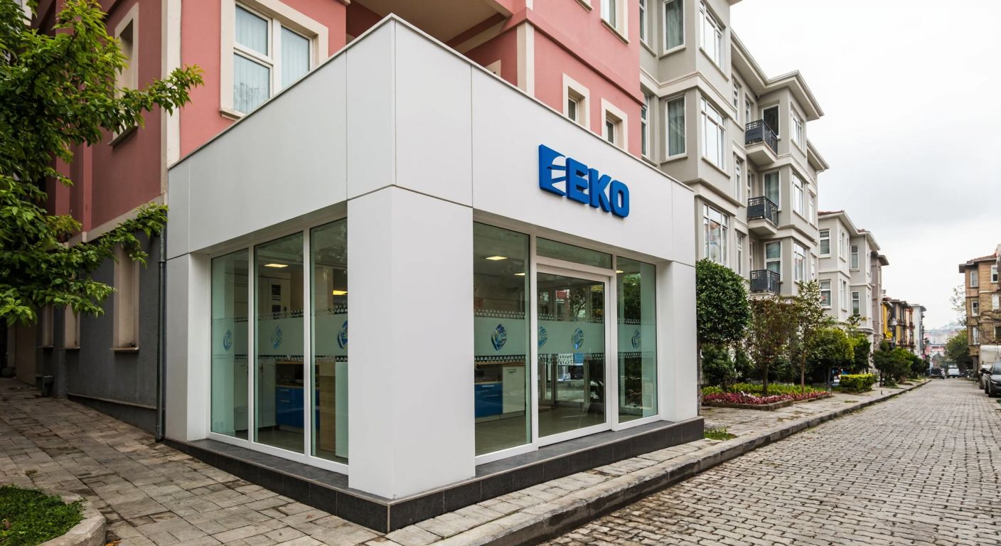 A modern white service center with the Beko logo on its glass door, nestled in a quiet Istanbul neighborhood with cobblestone streets and apartment buildings in the background.
