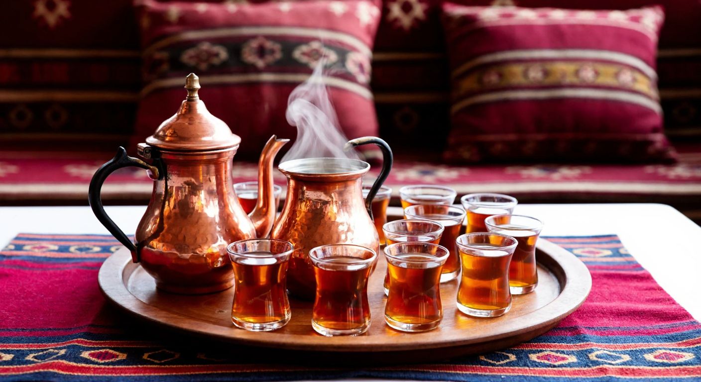 A traditional Turkish copper teapot steaming on a wooden tray surrounded by rows of small tulip-shaped glasses filled with amber tea, set against a backdrop of a cozy Anatolian tea house with woven kilim cushions.