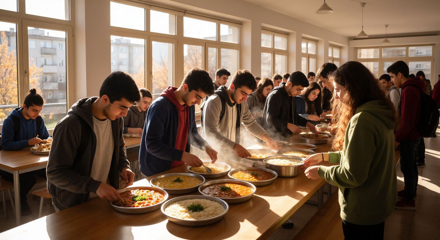 A bustling KYK dormitory cafeteria filled with young Turkish students in casual attire, happily lining up to receive warm trays of traditional dishes like lentil soup and rice, with sunlight streaming through large windows onto wooden tables.