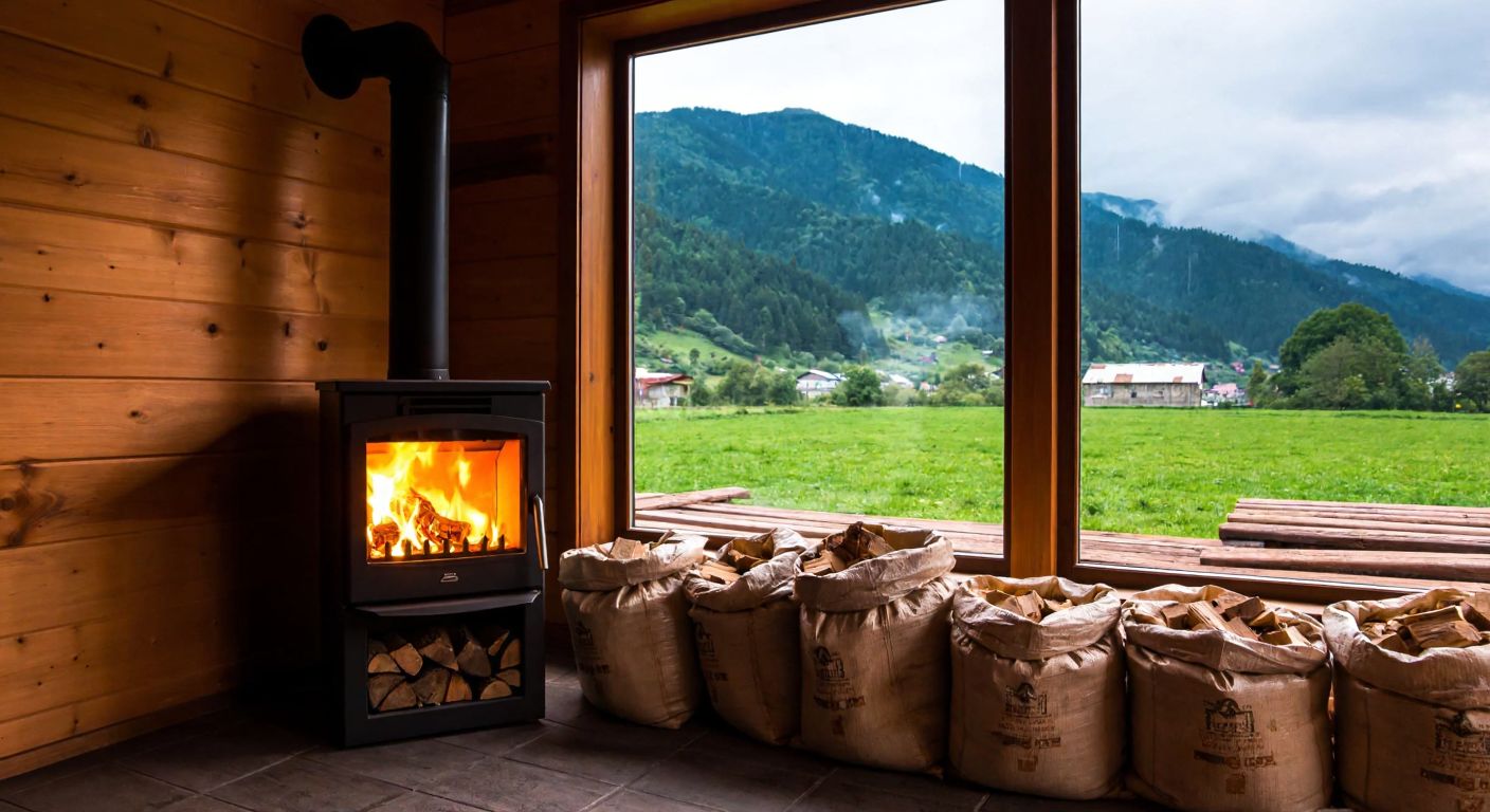 A cozy wooden home in Trabzon with a modern pellet stove glowing warmly inside, surrounded by sacks of wood pellets and a lush green mountainous landscape visible through the window.