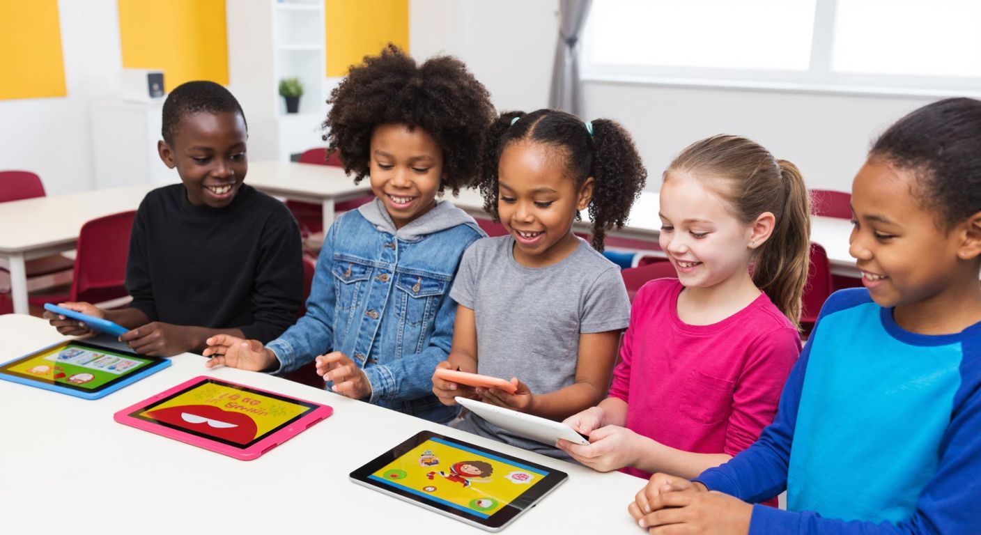 A group of diverse children smiling while interacting with colorful, playful German language exercises on tablets in a bright, modern classroom.