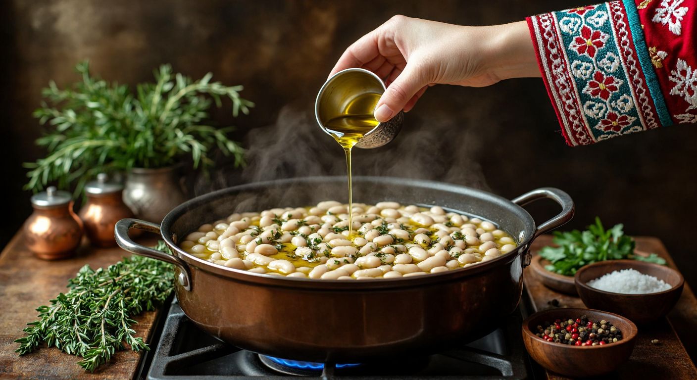 A bubbling pot of white beans simmers on a stove, with golden olive oil being poured in by a hand wearing a traditional Turkish embroidered sleeve, surrounded by fresh herbs and spices.