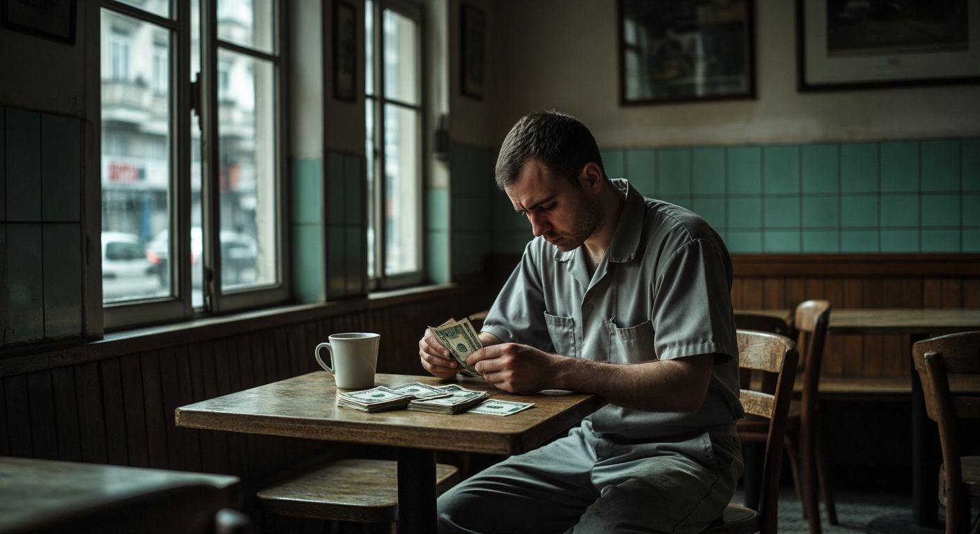 A tired worker in a plain gray uniform sits at a small wooden table in a modest Serbian café, counting a stack of worn banknotes under dim lighting, with a half-empty cup of black coffee beside them.