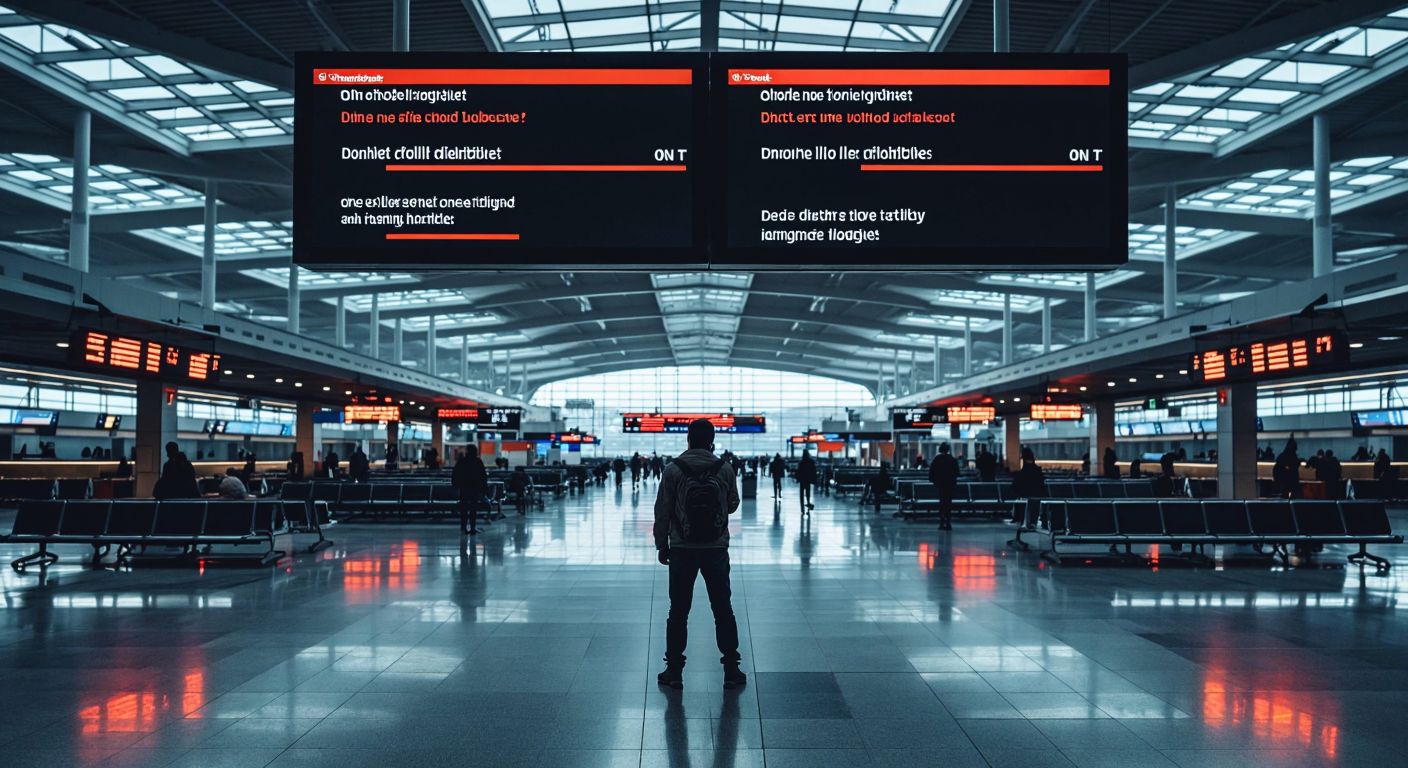 A nearly empty, modern Turkish airport terminal with a few scattered passengers, a lone worker looking frustrated, and a large digital board (blank/no text) displaying no flight updates, under dim lighting.  

(Note: The digital board is described as blank to avoid violating the "no text/symbols" rule while implying dysfunction.)