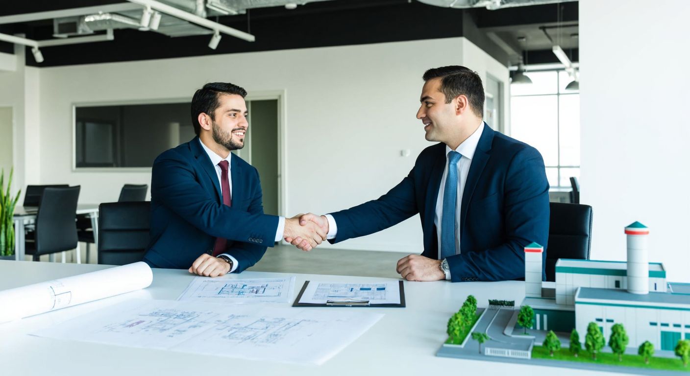 Two Turkish businessmen in a modern office shaking hands over a table with documents, surrounded by industrial blueprints and a scale model of a factory.