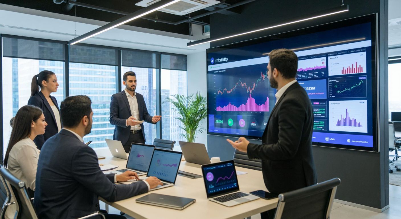 A modern Turkish office with professionals in business attire analyzing financial charts on a large screen, surrounded by digital tablets displaying fintech startup logos, conveying innovation and investment strategy.
