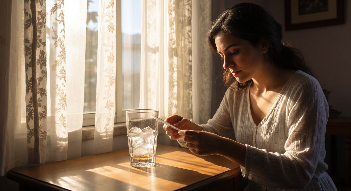 A Turkish woman in a cozy home setting carefully holds a hygrometer near a glass of ice cubes, observing condensation while sunlight streams through lace curtains onto a wooden table.