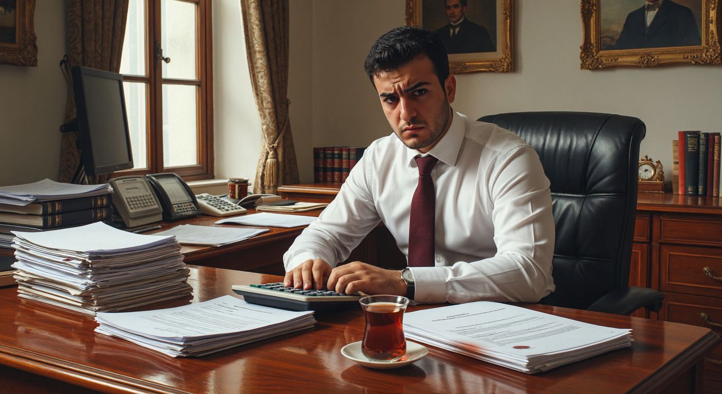 A Turkish office worker in a crisp white shirt and dark trousers sits at a wooden desk, frowning slightly while holding a calculator, with a stack of official-looking documents and a steaming cup of Turkish tea beside them.