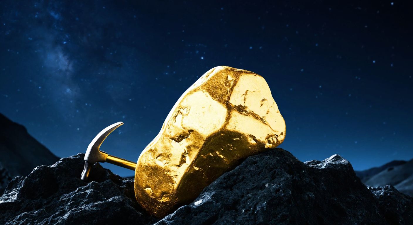 A glowing golden nugget embedded in dark, rugged rock under a starry night sky, with a miner's pickaxe resting nearby, symbolizing rarity and labor.