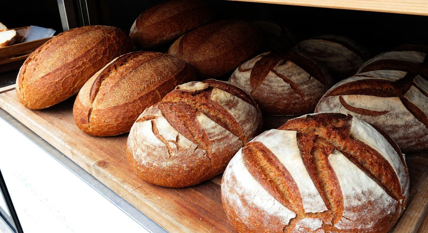 A rustic wooden table in a Turkish bakery displays freshly baked whole wheat and rye loaves, their golden-brown crusts cracked slightly, with a warm glow from the oven light reflecting off their surfaces.