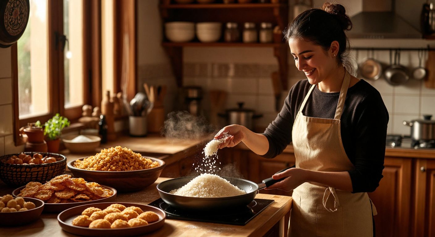 A warm Turkish kitchen with a wooden countertop holding a bowl of soaked rice, a non-stick pan sizzling with golden rice crisps, and a smiling woman in an apron sprinkling salt over the freshly popped snacks.
