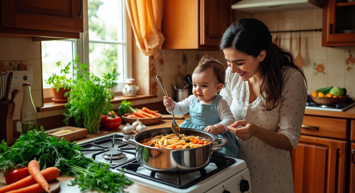 A warm Turkish kitchen with a pot of colorful vegetable pasta simmering on the stove, a smiling mother carefully spoon-feeding her curious 7-month-old baby seated in a high chair, surrounded by fresh ingredients like parsley, dill, and grated carrots on a wooden counter.