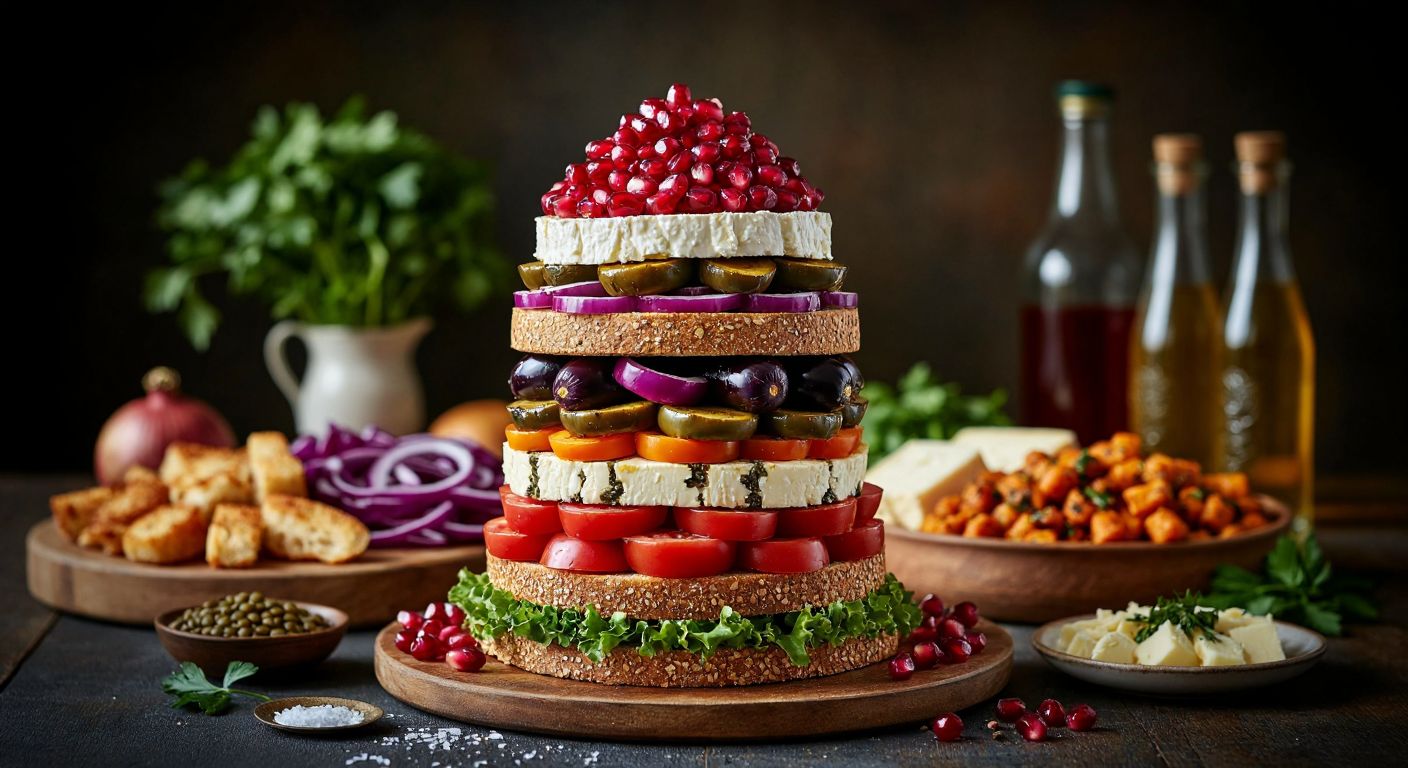 A vibrant, layered pyramid made of fresh Turkish ingredients—golden whole-grain bread at the base, colorful seasonal fruits and vegetables like pomegranates and eggplants in the middle, stacked cheese and lentils above, and a small drizzle of olive oil at the peak—surrounded by a smiling Turkish family preparing a meal together.