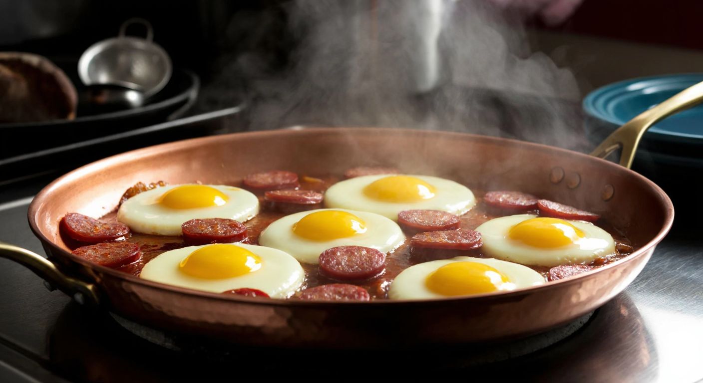 A sizzling copper pan with golden-yolked eggs and sizzling sucuk slices, a small drizzle of oil glistening around the edges, steam rising against a warm kitchen backdrop.