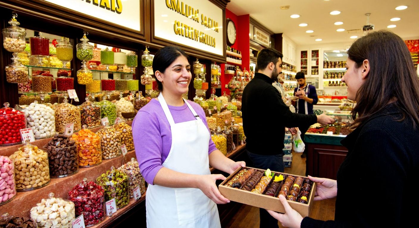 A bustling Turkish sweet shop with colorful displays of chocolates and candies, where a cheerful shopkeeper in a white apron hands a customer a box of assorted treats.