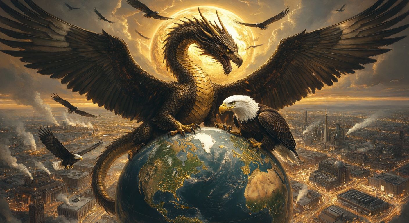A towering golden dragon coiled around a soaring bald eagle, their intertwined forms casting shadows over a globe dotted with factories, military bases, and bustling cities.