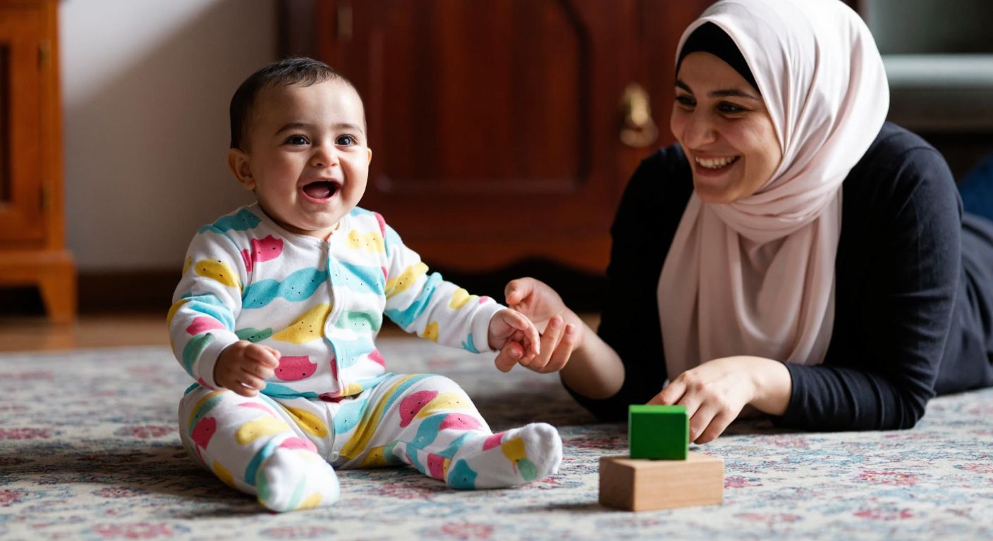 A chubby-cheeked Turkish baby in a colorful onesie sits on a patterned rug, babbling happily while reaching toward a smiling mother in a headscarf, with a wooden toy block nearby.