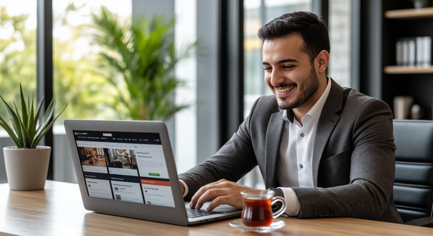 A professional Turkish accountant in a modern office, smiling while browsing multiple financial websites on a sleek laptop, with a steaming cup of Turkish tea beside them.