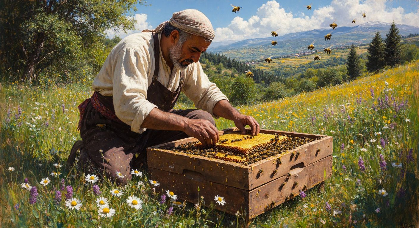 A Turkish beekeeper in traditional attire carefully inspects a wooden beehive frame filled with golden honeycomb, surrounded by buzzing Karakovan bees in a sunlit meadow dotted with wildflowers.