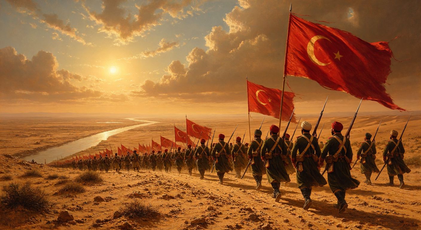 A vast desert landscape under a scorching sun, with Ottoman soldiers in historical uniforms marching determinedly toward the distant silhouette of the Suez Canal, their faces set with resolve under the weight of rifles and the fluttering red banners of the empire.