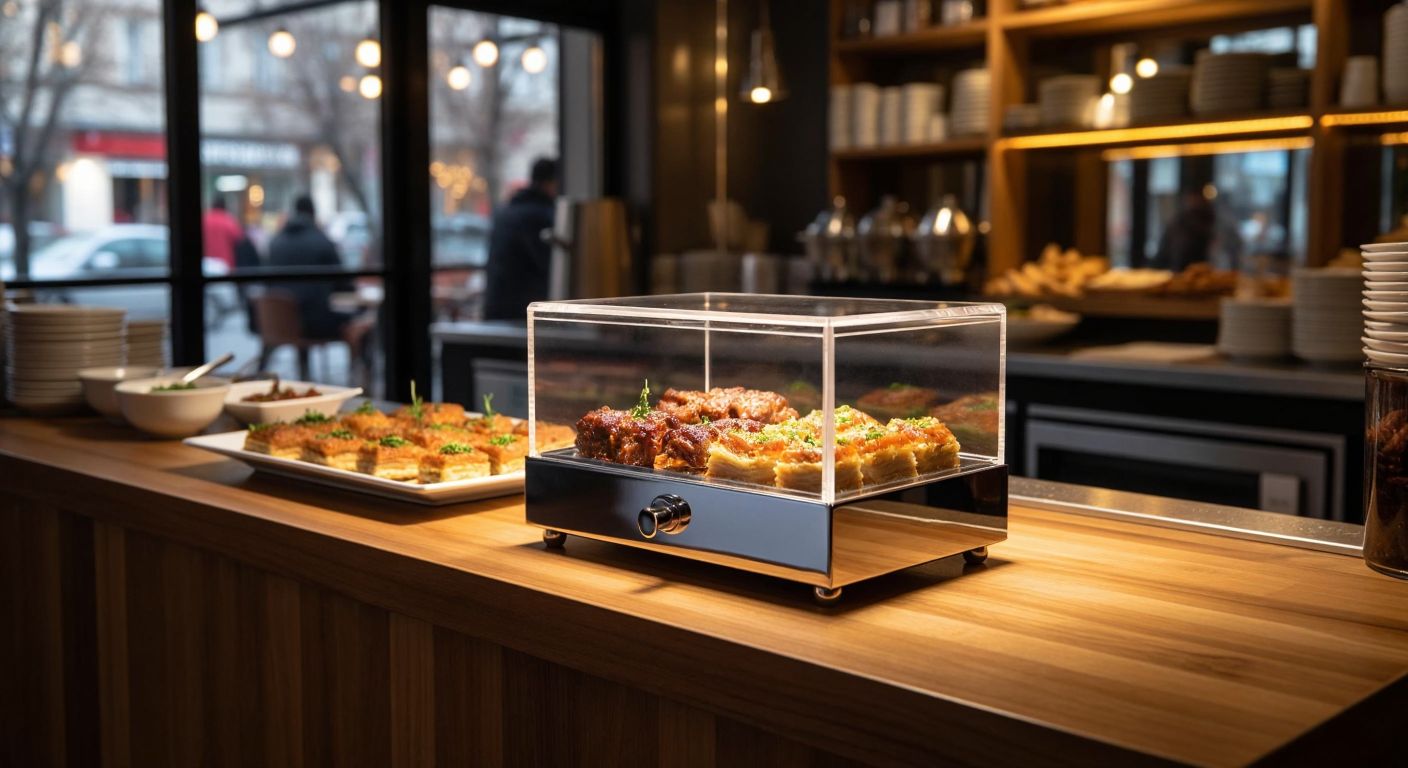 A sleek, transparent acrylic complaint box with a small lock, placed on a wooden counter in a bustling Turkish restaurant, surrounded by steaming plates of kebabs and baklava.