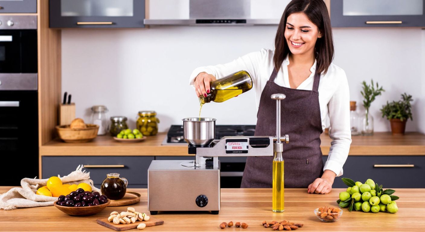 A warm Turkish kitchen with a stainless steel cold-press oil machine on a wooden countertop, surrounded by fresh olives and nuts, while a smiling woman in an apron pours golden oil into a glass bottle.