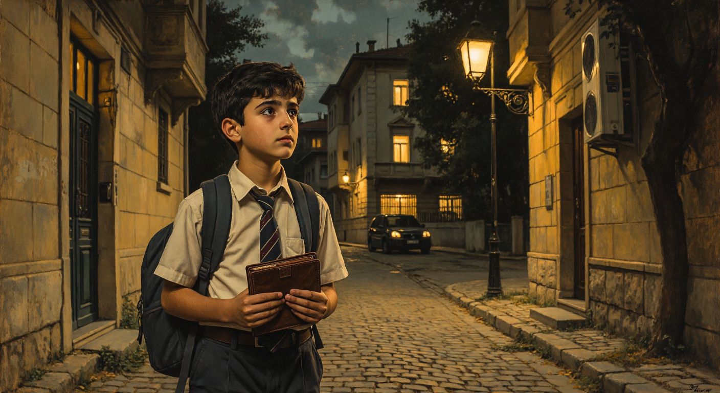 A young student in a Turkish school uniform hesitates on a cobblestone street, holding a brown leather wallet under the warm glow of a streetlamp, while glancing toward a distant police station with a thoughtful expression.