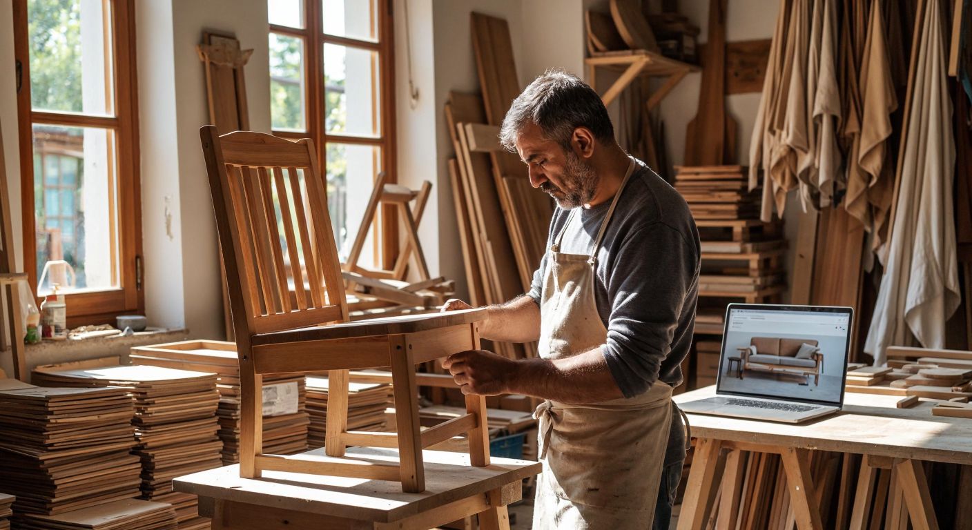 A Turkish craftsman in a sunlit workshop carefully assembling a wooden chair, surrounded by stacks of finished furniture ready for online sale, with a laptop displaying a furniture marketplace website open beside him.