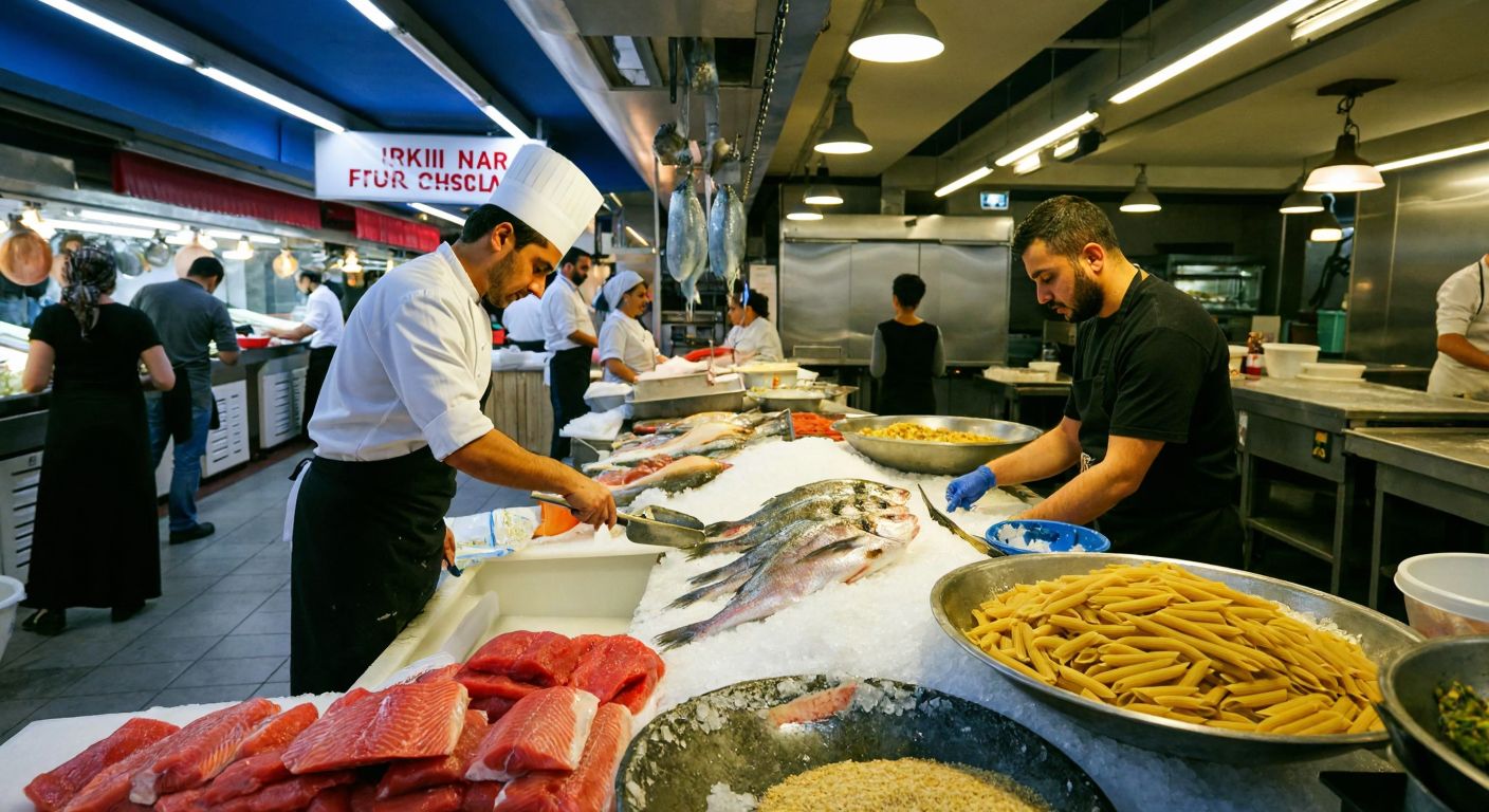 A bustling Turkish seafood market in Beykoz with fresh fish on ice, alongside a Mardin factory producing golden pasta and flour, while a chef in Istanbul prepares dishes for a lively restaurant.
