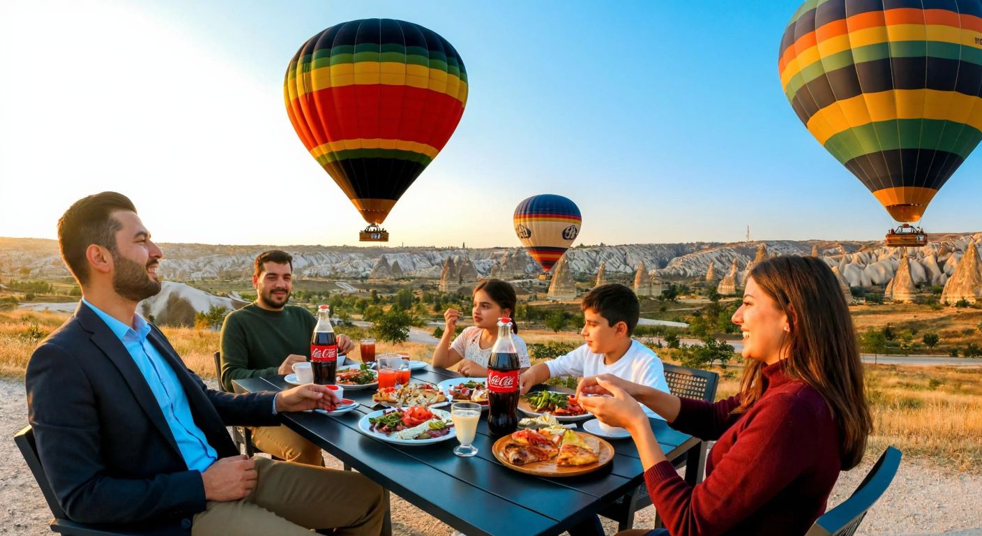 A vibrant Turkish family enjoying a meal outdoors with a large bottle of cola on the table, colorful hot air balloons floating in the Cappadocian sky in the background.