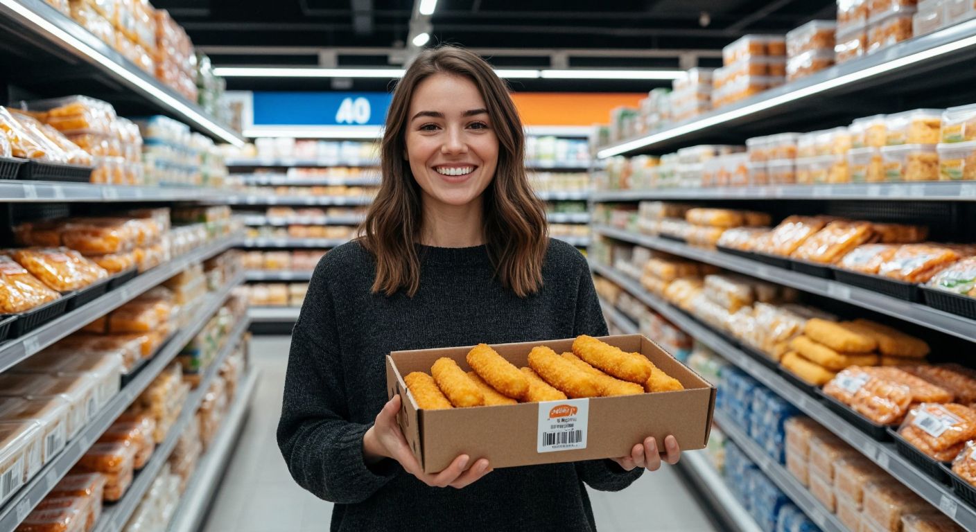 A smiling shopper in a casual outfit holds a frozen box of golden-brown fish fingers in a brightly lit A101 supermarket aisle, with other frozen food products neatly stacked on shelves around them.