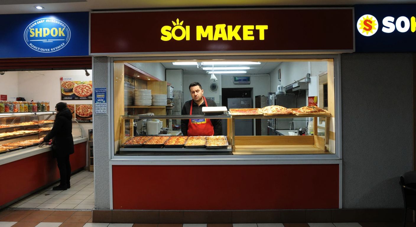 A small Şok Market storefront with a customer peering inside, looking slightly disappointed, while a nearby counter displays freshly baked pizzas but no self-cooking station.