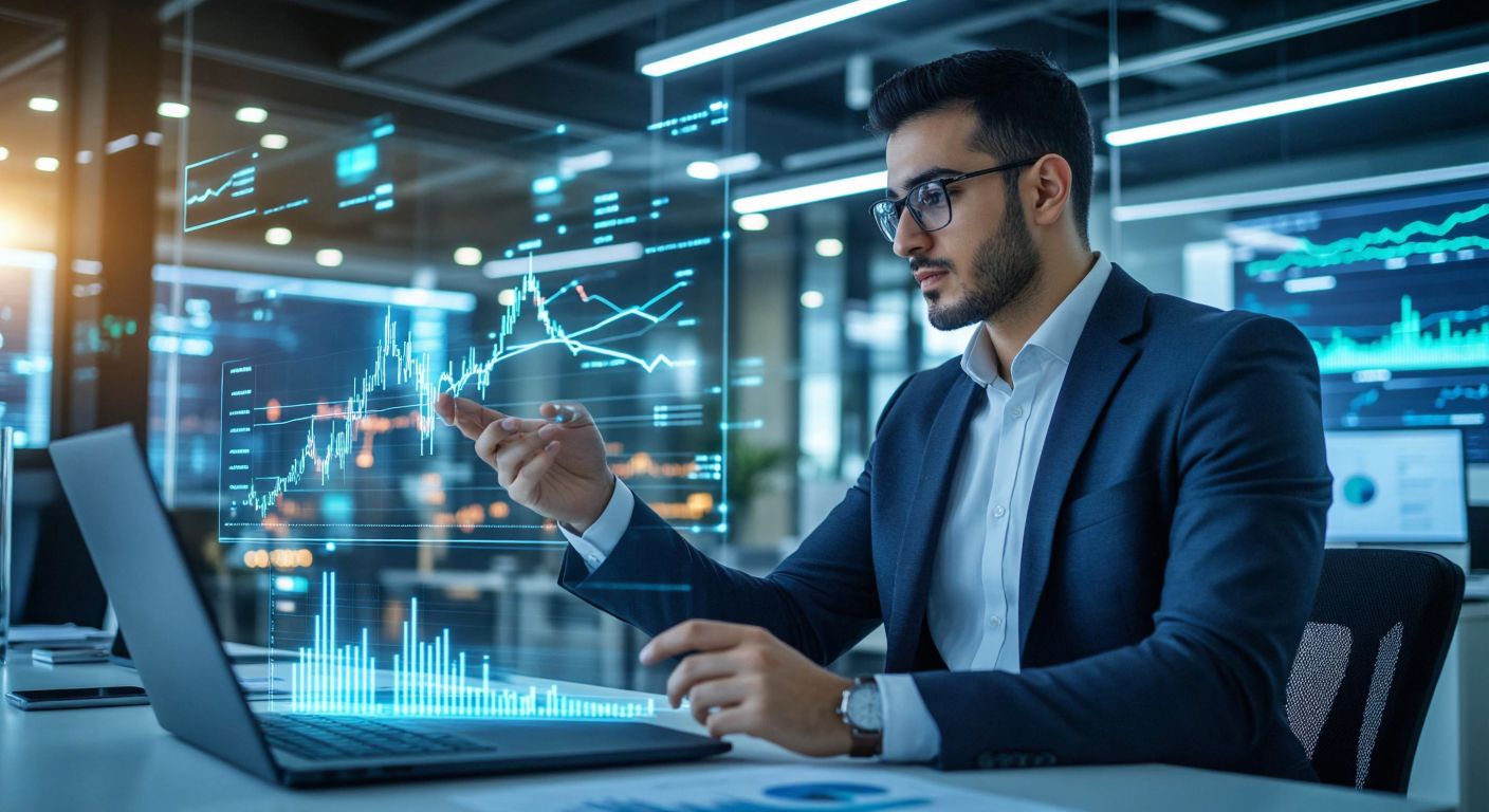A Turkish business analyst in a modern office studies a glowing holographic graph of financial trends, surrounded by floating data points and a calm, focused expression.