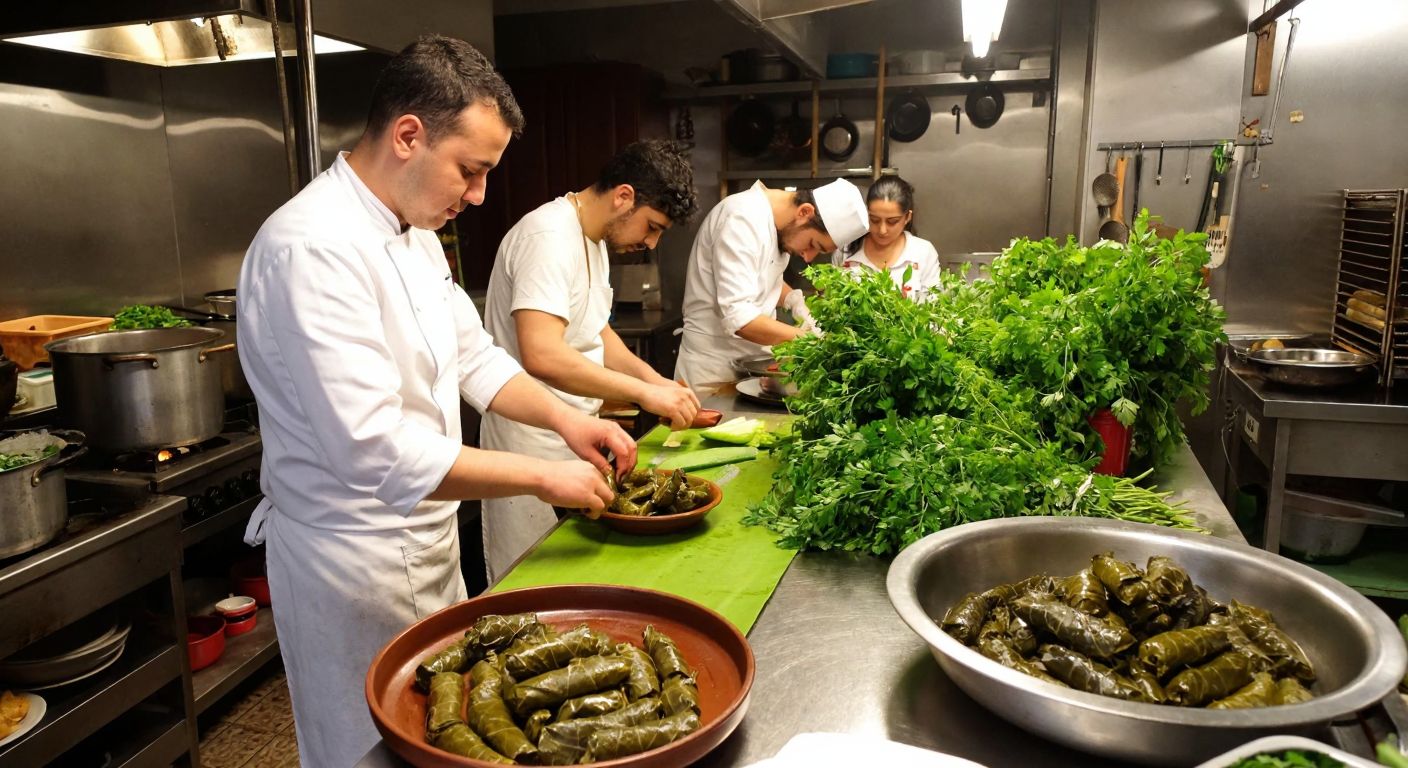 A bustling Turkish kitchen with chefs in white aprons carefully rolling vine leaves for sarma and stuffing peppers for dolma, surrounded by fresh herbs and steaming pots.