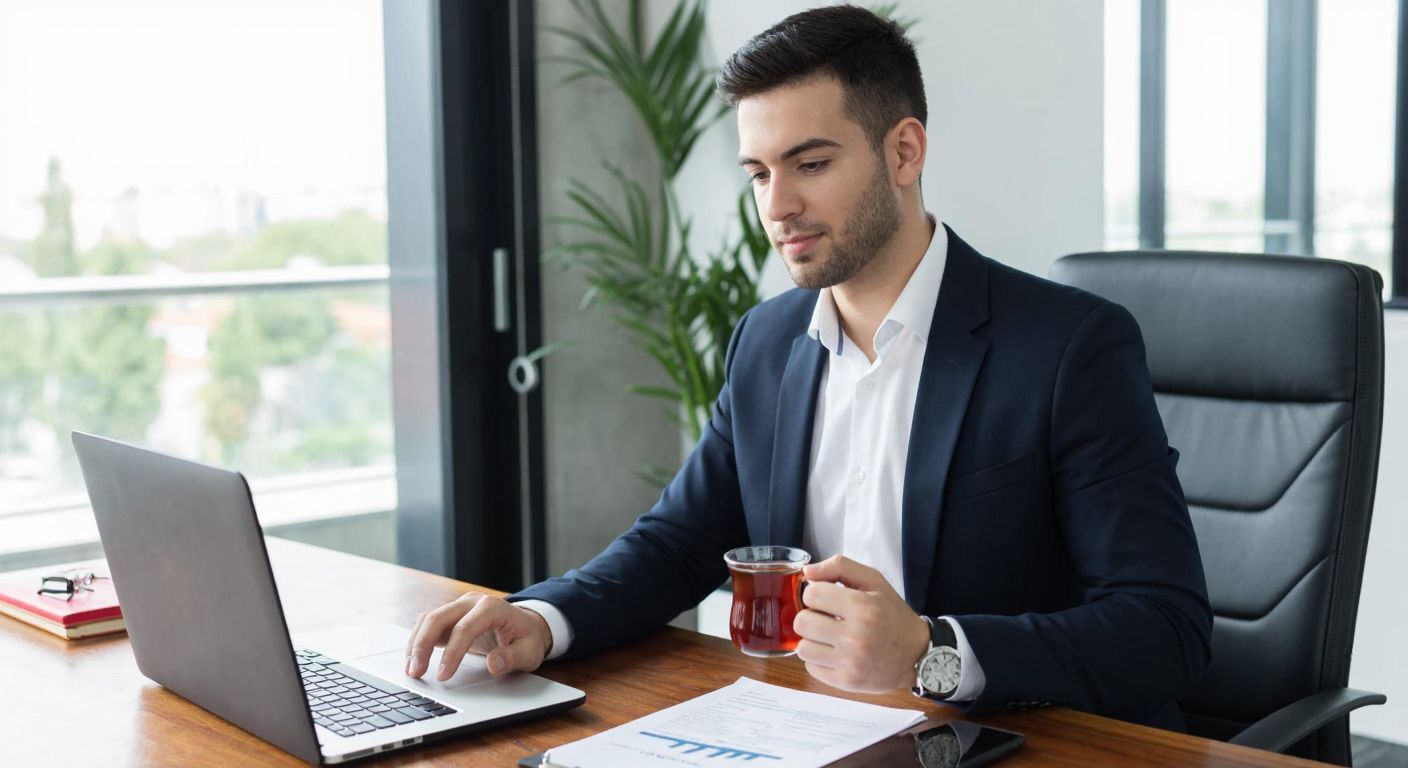 A young professional in a formal outfit sits at a wooden desk in a modern office in Istanbul, reviewing export documents on a laptop while holding a cup of Turkish tea, with a confident and focused expression.
