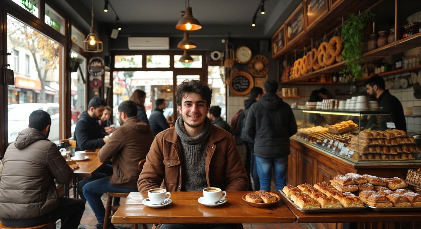 A bustling café in İzmit with warm wooden tables, steaming cups of Turkish coffee, and a smiling young man (Batuhan Coşkundeniz) greeting customers near a counter filled with baklava and simit.