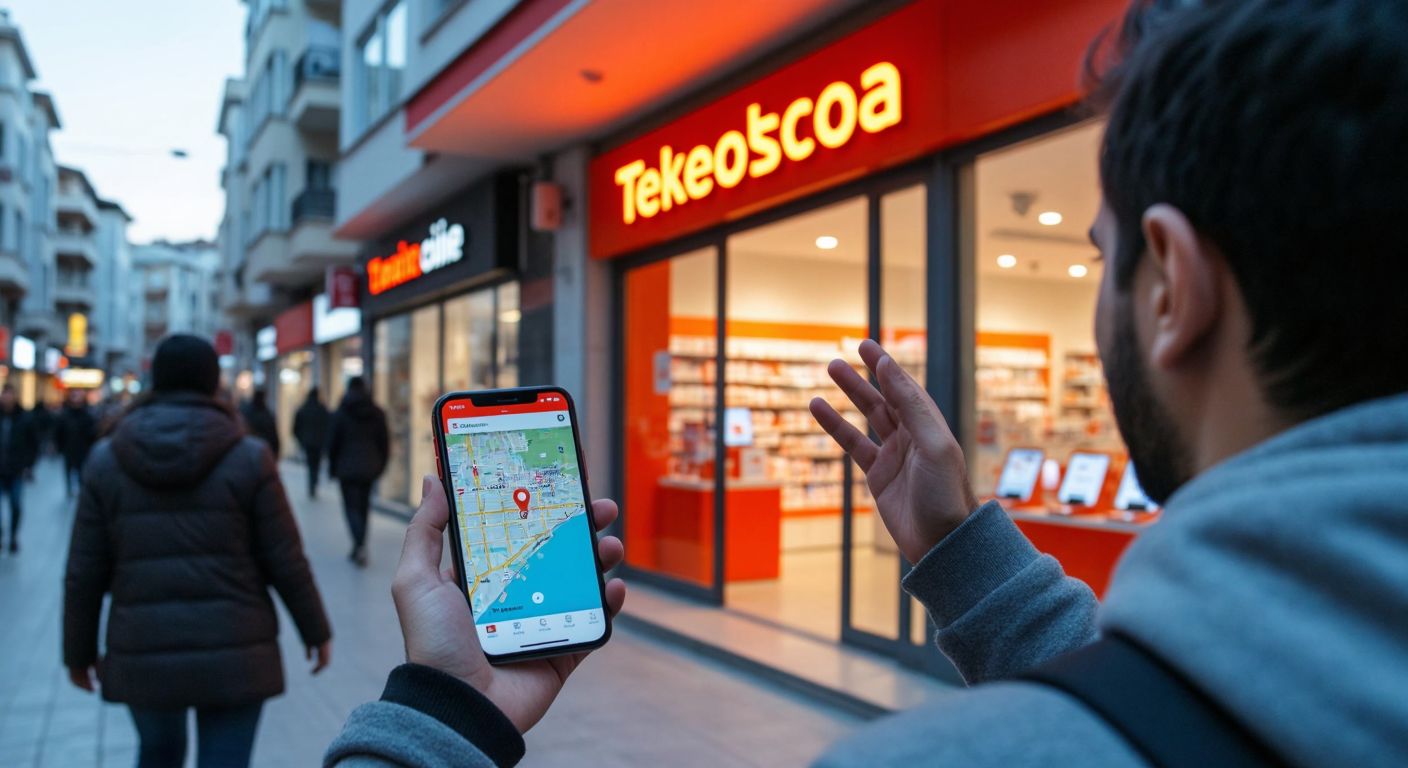 A person in a Turkish city street holding a smartphone with a map app open, looking at a nearby Teknosa store with a bright red sign, while a friendly customer service representative waves from the entrance.